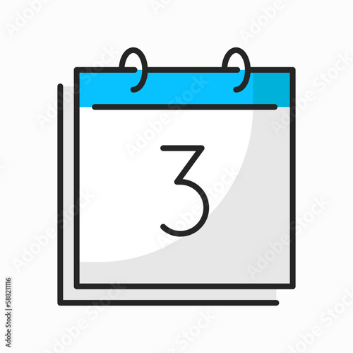 Spiral calendar 3 day date, agenda schedule color outline icon. Vector page of paper calendar on spring, annual and monthly planning planner