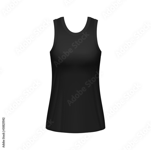 Black women tank top back view isolated 3d vector mockup. Blank clothes, sleeveless tshirt, singlet apparel. Realistic female garment, underwear clothing design, outfit object blank template