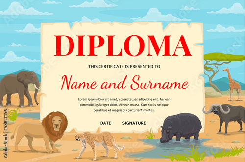 Conservationist or hunter diploma. African safari animals in savannah. Vector appreciation certificate with elephant, lion, cheetah or hippo with bison or giraffe. Hunting society award frame template
