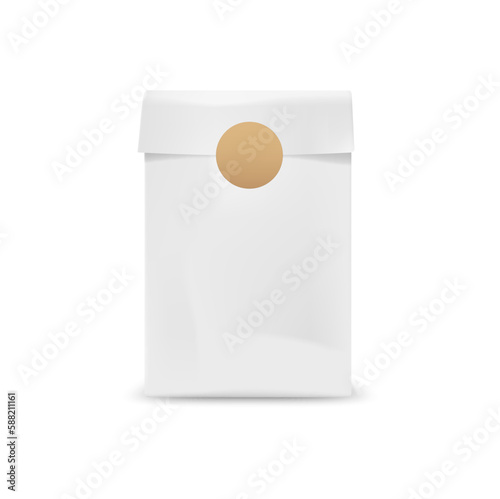 White paper package with sticker mockup. Isolated realistic 3d vector takeaway pouch mock up. Blank box for coffee and tea, takeout bag for fast food, pack template for identity or branding design