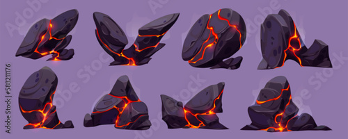 Lava rock with crack and light texture vector volcano set. Fire and magma in broken stone effect with glow game illustration. Black coal object construction for hell geology background.