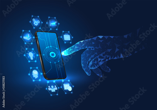 Businessman finger tapping on a smartphone with a business icon Refers to the technology of the future that helps business people manage well. It works through the internet system.