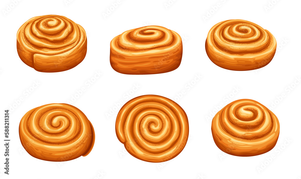 Cinnamon roll buns, sweet pastry made with rolled dough, cinnamon, sugar, and butter. Isolated vector set of baked golden brown doughy dessert with spiral shape. Homemade or cafe breakfast or snack