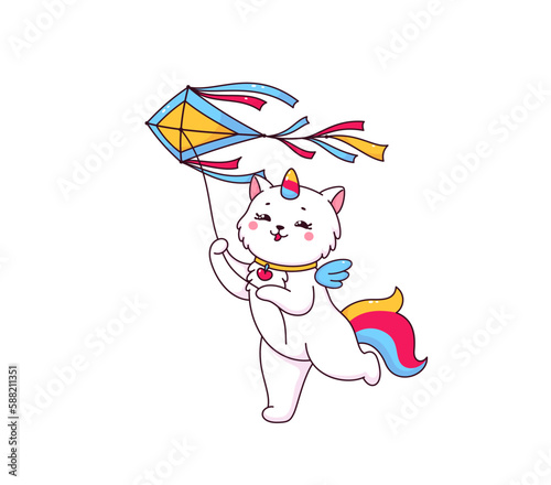 Cartoon cute caticorn character with kite, happy unicorn cat vector personage. Funny white kitty animal with rainbow unicorn and tail. Magic creature of kawaii caticorn character flying a kite