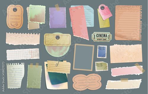 Vintage scrapbooking paper, notes, stickers, tags, tickets. Vector set of to do list or memo messages, notepads and blank torn sheets in retro antique style. Notepaper, reminder, scrapbook memo notice