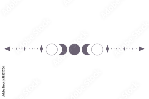 Moon Phases with celestial border isolated on white background. Mystic esoteric symbol with moon and border. Astrology cycle eclipse. Vector design element.