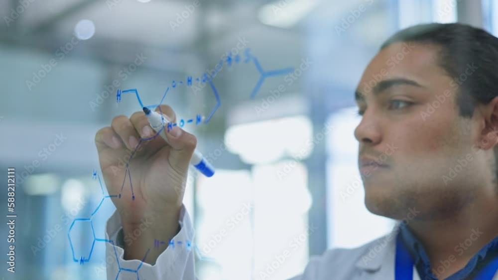 Science, formula and man writing chemistry equation on glass for medical research, analytics and chemical solution. Healthcare, laboratory and male scientist write for brainstorming DNA development