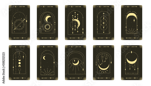 Tarot card set with mystic celestial frame. Boho esoteric tarot card with moon and frame. Vector illustration. Sacred geometry celestial arch