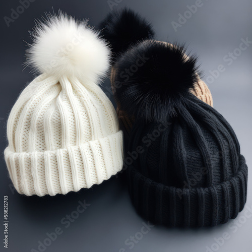 Warm Winter Hats in White, Tan and Black, AI