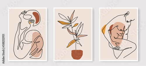 Man Body and Flower Line Art Drawing Prints Set. Nude Man One Line Illustration dor Wall Decor, Prints, Posters. Male Figure Minimalist Modern Drawing. Vector EPS 10