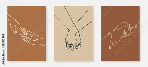 Holding Hands Continuous Line Drawing Prints Set for Wall Decor. Hands Couple Minimalist Abstract Illustration One Line Style for Modern or Boho Design. Vector Illustration