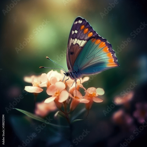 Beautiful Butterfly on Pink Spring Flowers, AI
