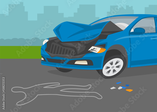 Road accident death scene. Human silhouette shape outline of dead body marked on road by chalk. Crashed car on road. Flat vector illustration template.