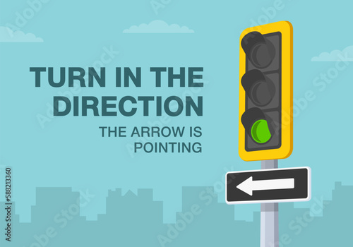 Safe driving tips and traffic regulation rules. Turn in the direction the arrow is pointing. Close-up of traffic signal and one-way sign. Flat vector illustration template.  photo