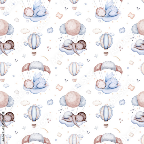 Watercolor newborn baby boy seamless pattern babies boy. Birthday blue background teepee new born baby and pregrand women