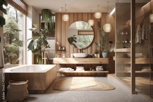 cozy bathroom with natural elements. Generative AI