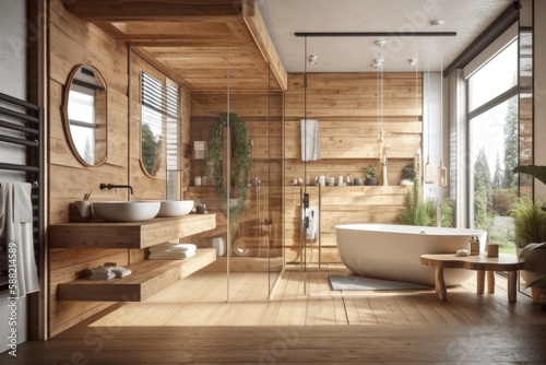 Illustration of bathroom interior with bathtub, sink, and mirror. Generative AI