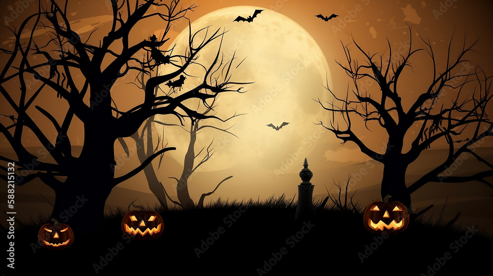spooky halloween landscape with full moon in orange color