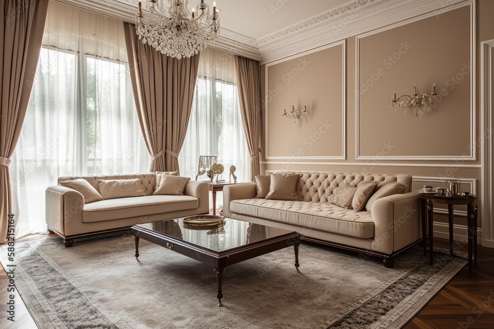 Fototapeta premium cozy and stylish living room with elegant furniture and a sparkling chandelier. Generative AI