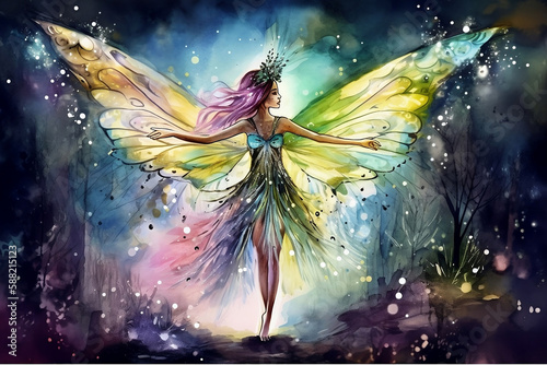 colorful fantasy landscape with fairy with giant wings © Maya Kruchancova