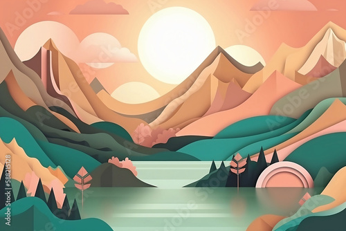 mountains landscape with river in orange and green colors