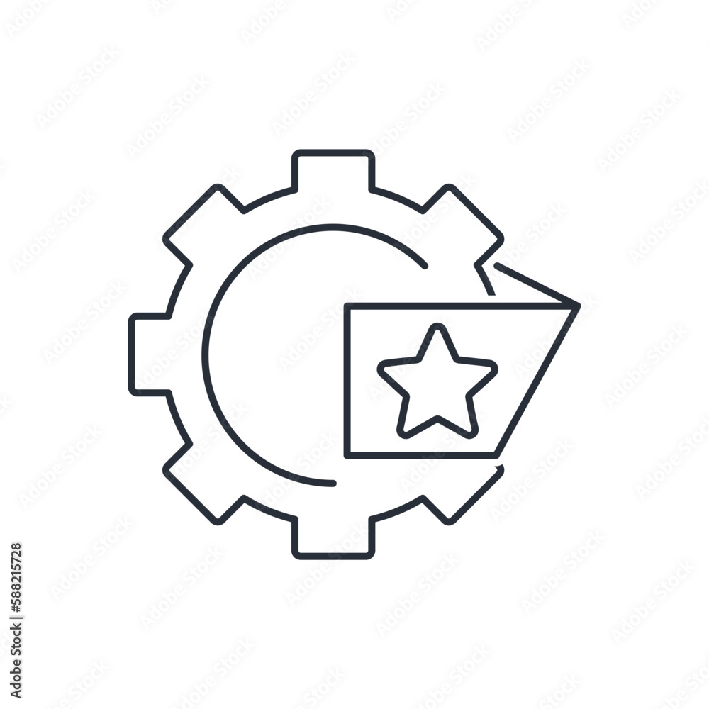 Gear and sticker with a star. High-quality proven equipment, technology. Vector linear icon isolated on white background. Gear and sticker with a star. High-quality proven equipment, technology. Vector linear icon isolated on white background.