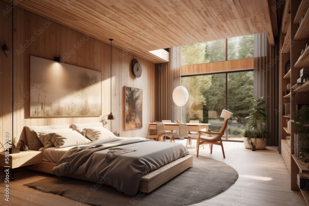 spacious bedroom with a rustic wooden ceiling and a king-sized bed as the centerpiece. Generative AI