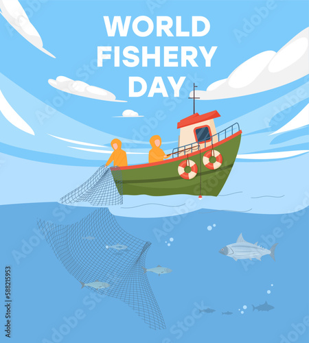 World fisheries day banner or poster mockup flat vector illustration.