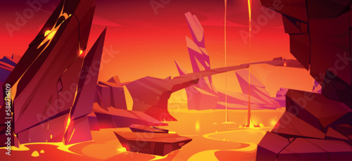 Lava hell background, cave view vector game illustration. Volcano magma fire and rock landscape scene. Hot red molten flame flow river surface. Stone ruin world terrain wallpaper for adventure