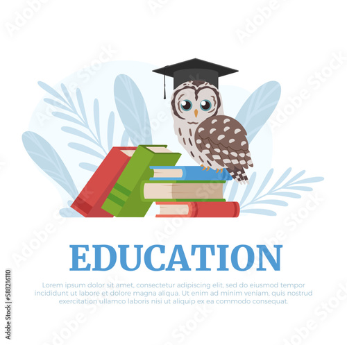 Education banner or card with owl on books, flat vector illustration isolated.