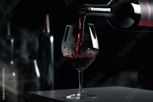 Red wine pouring into glass, close up, dark background, Generative AI