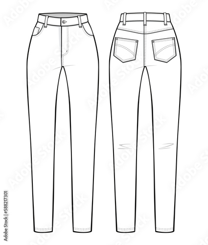 High Rise Slim Fit Straight Leg Jeans fashion flat technical drawing template. Straight Leg Jeans technical fashion Illustration, front and back view, white, CAD mockup.