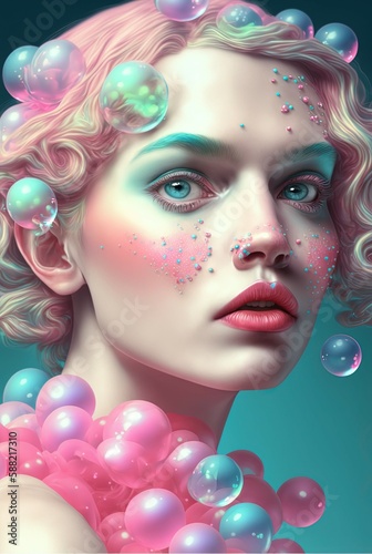 Bubble Gum Queen. Generative AI, non-existent person. 
