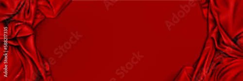 Realistic abstract red silk background. Vector illustration of banner template with satin fabric frame, smooth drapery surface. Valentines Day sale, discounts announcement. Romantic bedding material