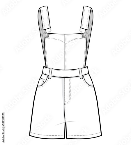 Petite Denim Short Dungarees overall jumpsuit fashion flat technical drawing template. Short jumpsuit jeans technical fashion Illustration, front and back view, white, CAD mockup.