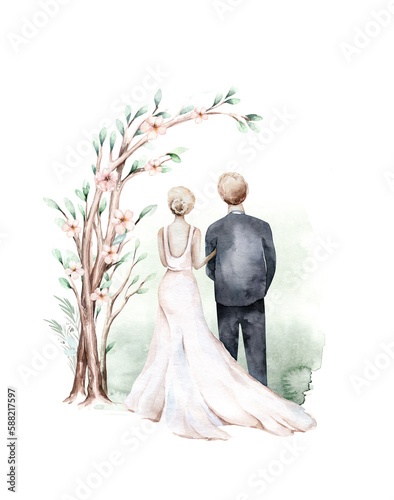 Watercolorcouple bride and groom in boho ceremony style wedding. Digital marriage illustration. Love wedding invitation. save the date.