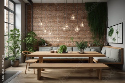 cozy living room with brick accent wall and wooden coffee table. Generative AI © AkuAku