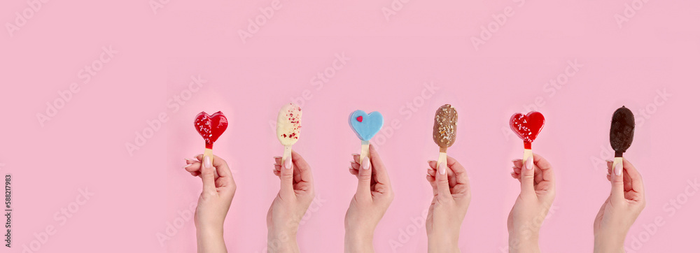 Popsicle ice-cream assortment on pink background. Popsicle ice-cream assortment on pink background.