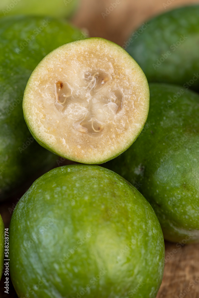 Delicious sweet and sour green feijoa on the table Delicious sweet and sour green feijoa on the table