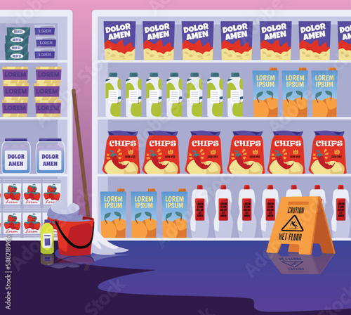 Shop interior with wet floor flat style, vector illustration