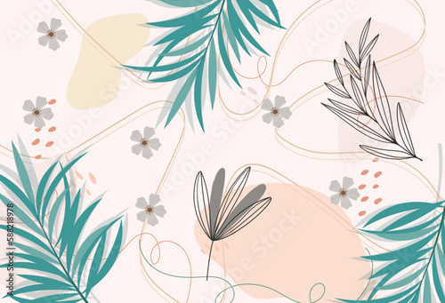 seamless boho flat pattern with autumn leaves illustration vector, Wall boho art minimal leaf.	set of green leaves. 