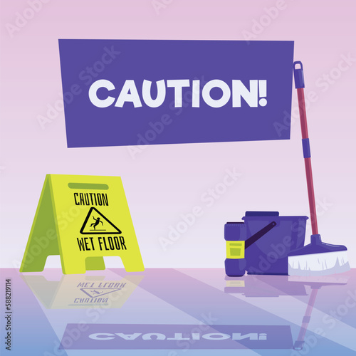 Squared banner about wet floor flat style, vector illustration