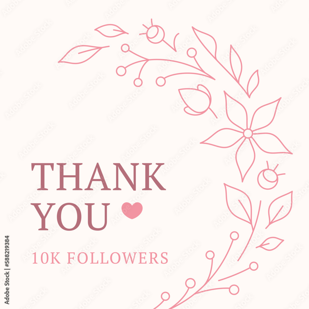 Thank you 10k followers floral branch pink wreath vintage social media post design template vector