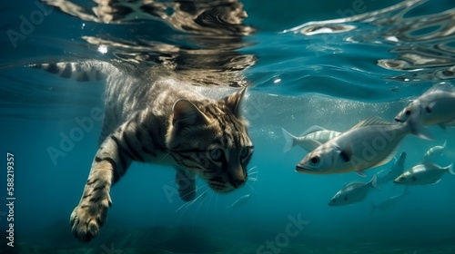 a cat that is swimming in the sea and looking for prey in the water stock illustration by generative ai