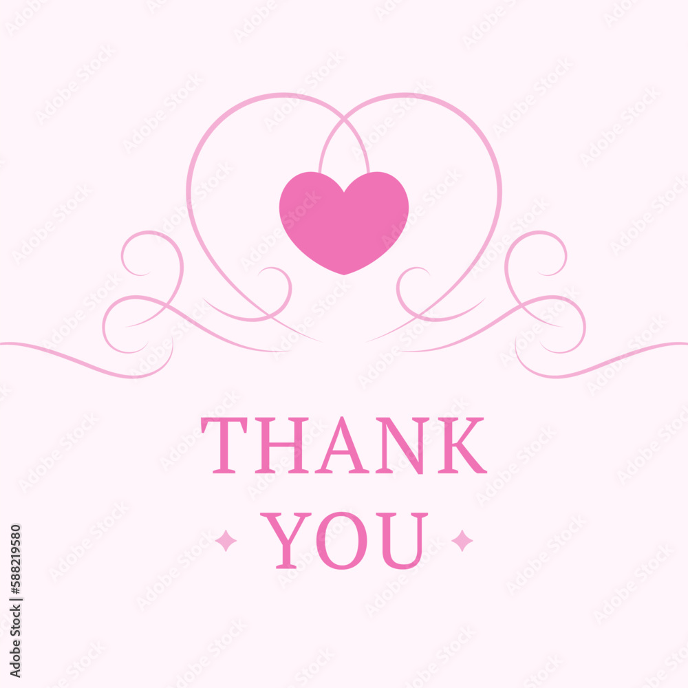 Thank you card heart pink curved romantic ornament vintage line design template vector