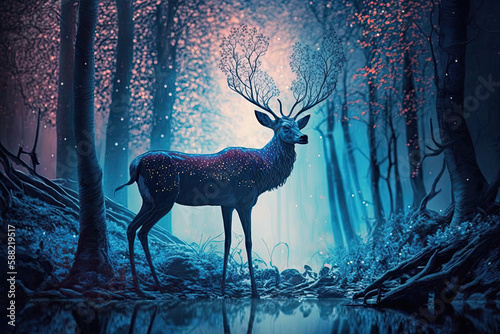 Mysterious deer in fairytale fantasy forest. Generative AI