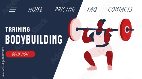 Landing page template with female heavy athlete lifting barbell. Bodybuilding training website banner. Vector flat illustration for gym, sport workout, fitness classes