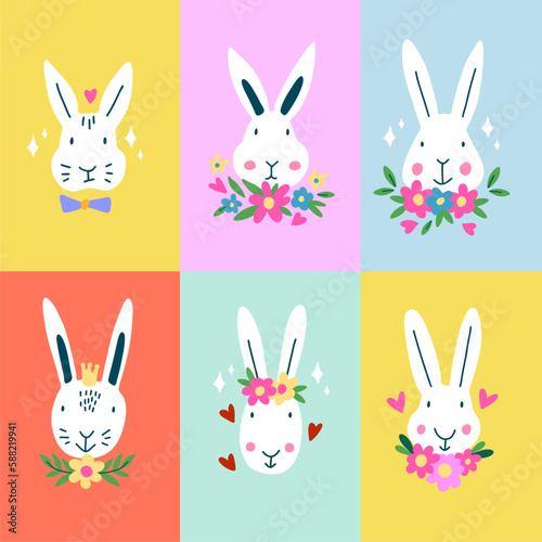 Set of cute Easter bunny rabbits with flowers.