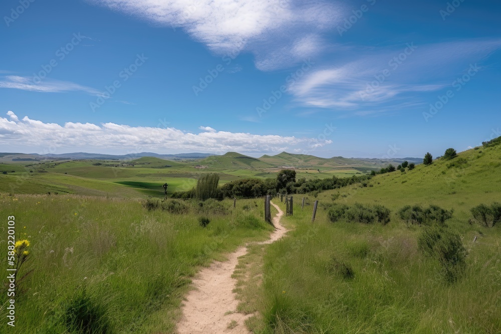 A Stunning Hiking Trail with Lush Green Rolling Hills, Blooming Wildflowers, and a Bright Blue Sky - AI Generative
