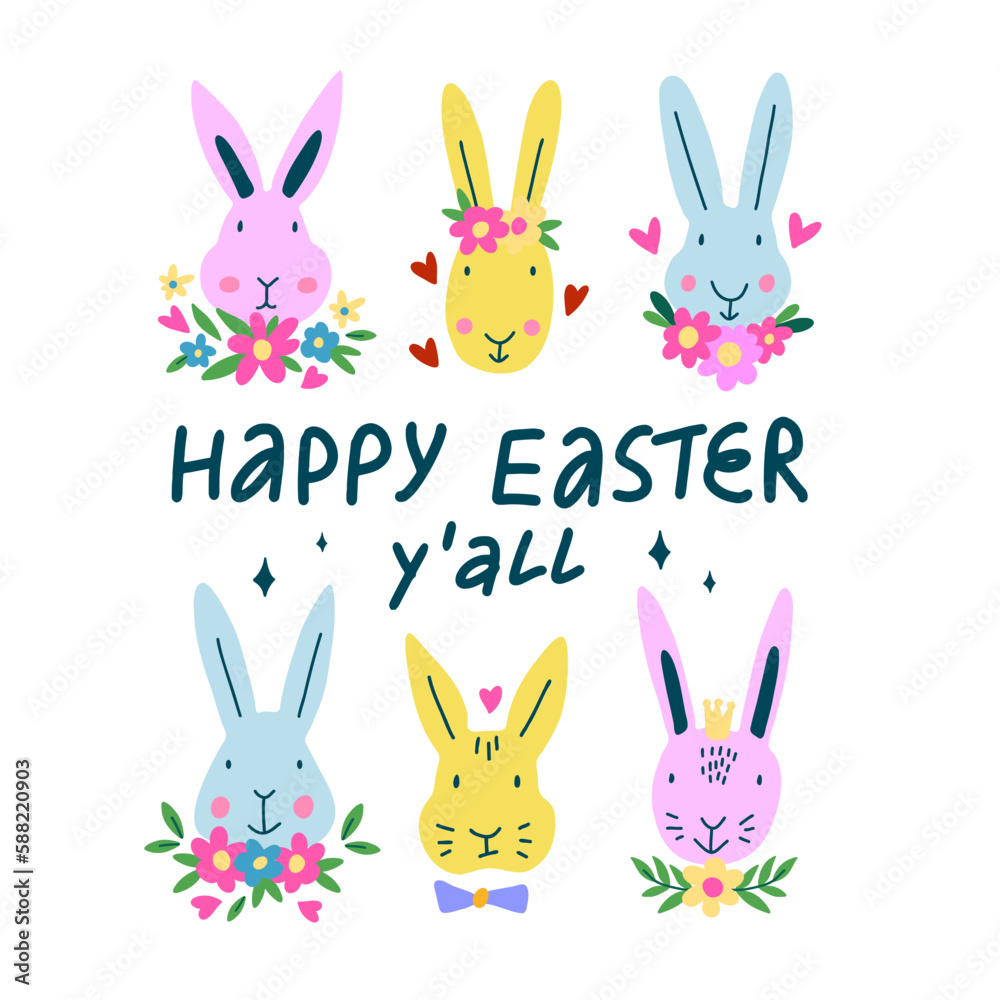 Happy Easter you all greeting card with cute Rabbit and flowers.